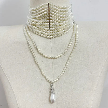 Multi Layer Simulated Pearl Tassel Pendant Necklace