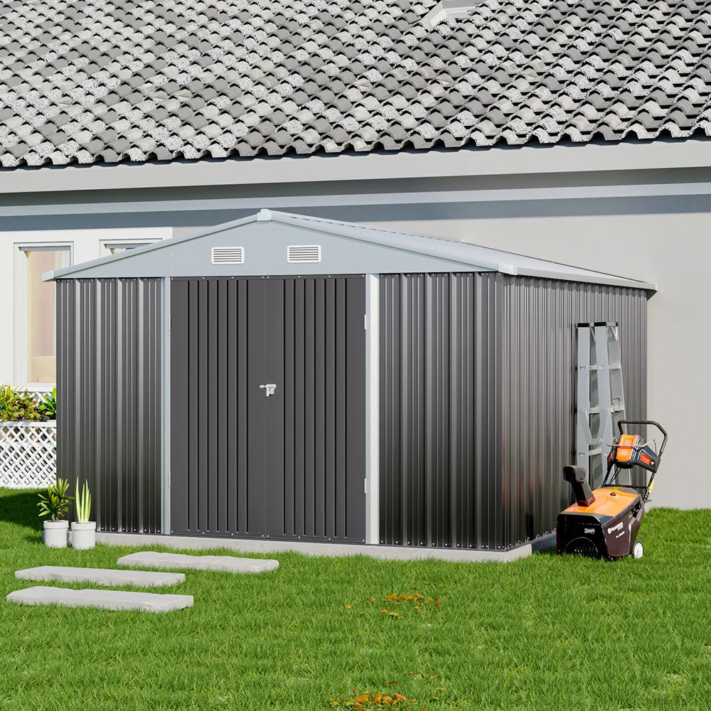 Outdoor metal storage shed with floor frame base