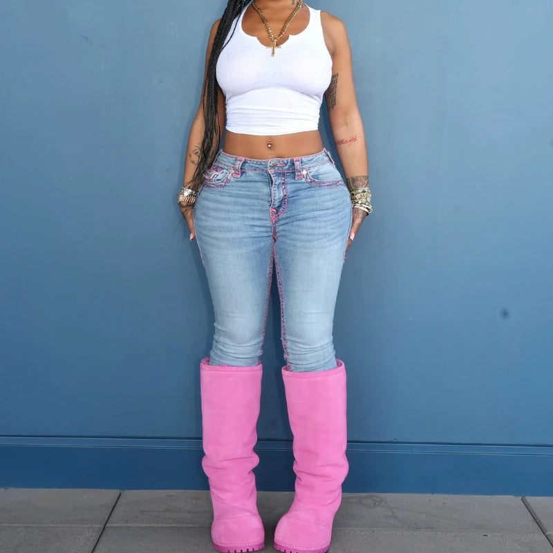 Embroidery high waisted jeans