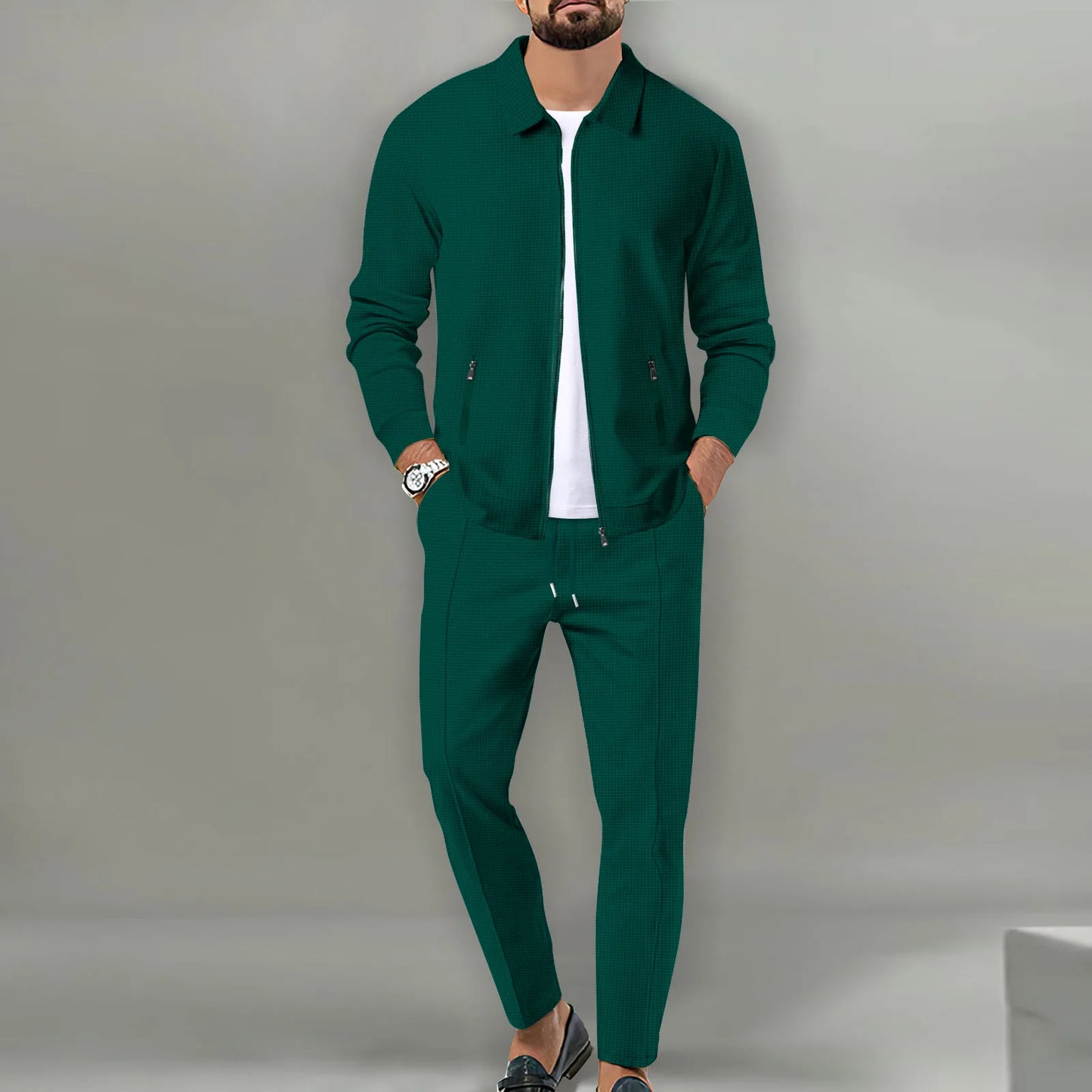Men's plain waffle long sleeve pants suit