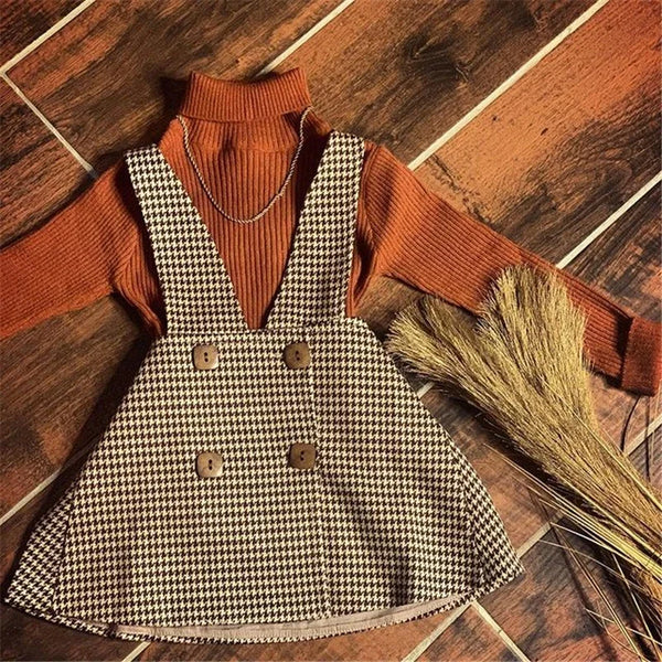 Solid Turtleneck Tops + Plaid Suspender Skirt Set