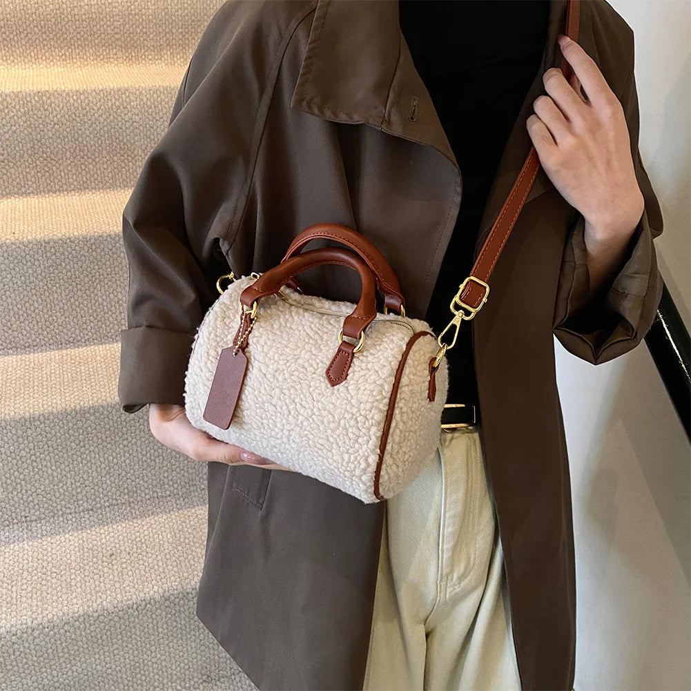 Ladies plush top handle clutch handbag