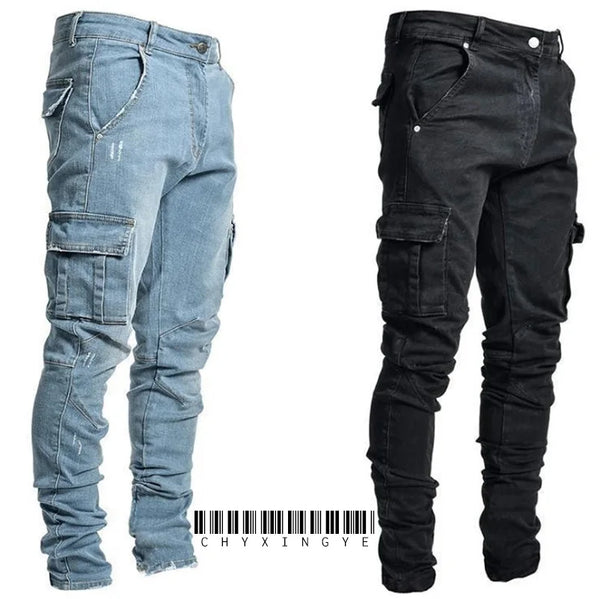 Multi Pockets Denim Mid Waist Cargo Jeans