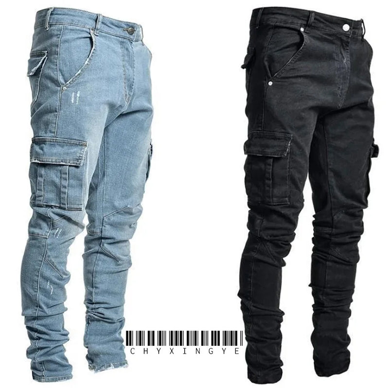 Multi Pockets Denim Mid Waist Cargo Jeans