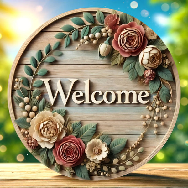 Round Retro Wooden Wreath Welcome Sign For Home Decoration