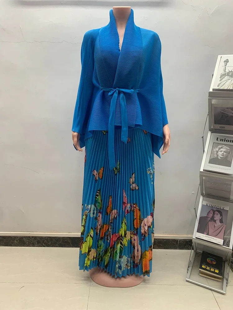 Pleated Top + Print Long Skirt Sets Plus Size Outfit