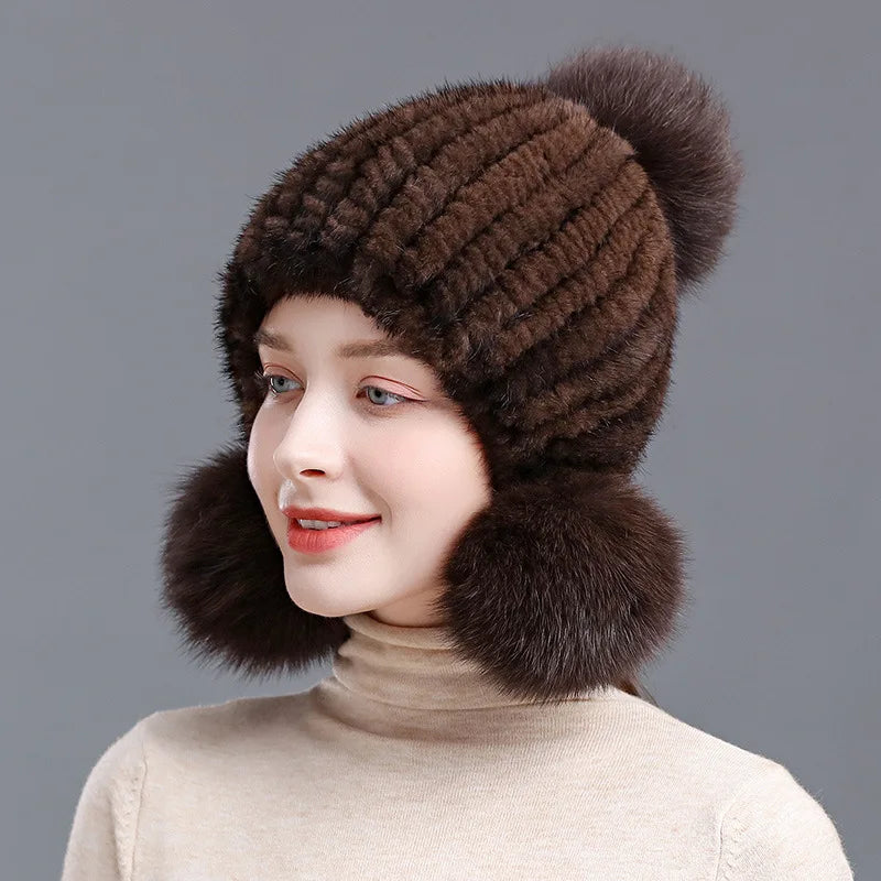 Winter knitted real mink fur hat
