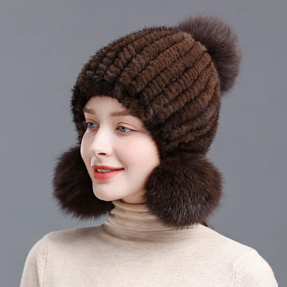 Winter knitted real mink fur hat