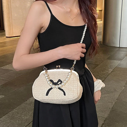 Summer straw pearl chain clutch luxury top hand bag