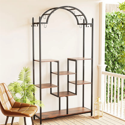 Arched metal flower shelf with hanging hooks
