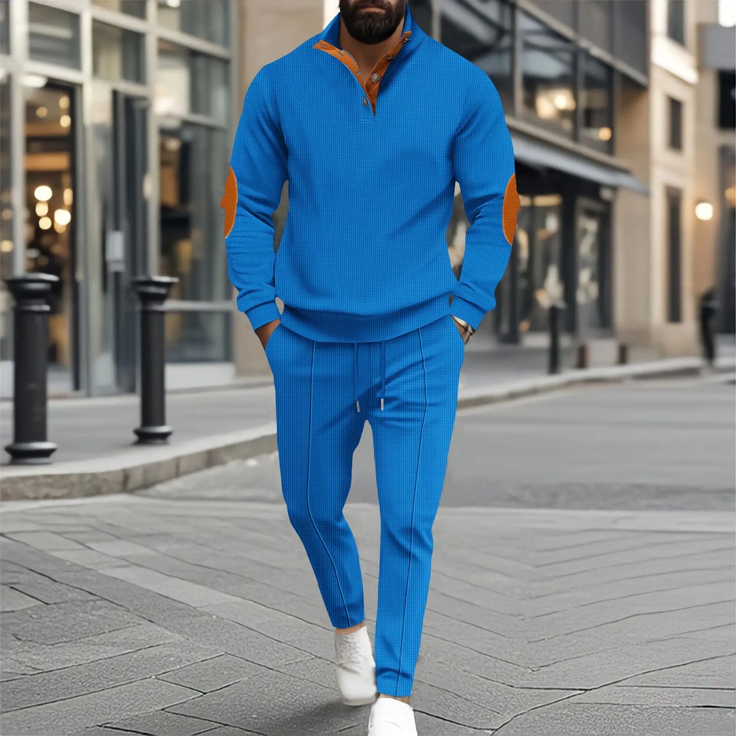 Men's plain waffle long sleeve pants suit