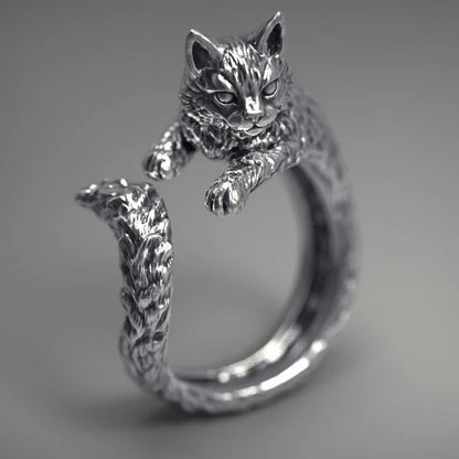Vintage Black Alloy Cartoon Kitten Open Ring