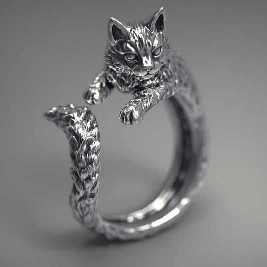 Vintage Black Alloy Cartoon Kitten Open Ring