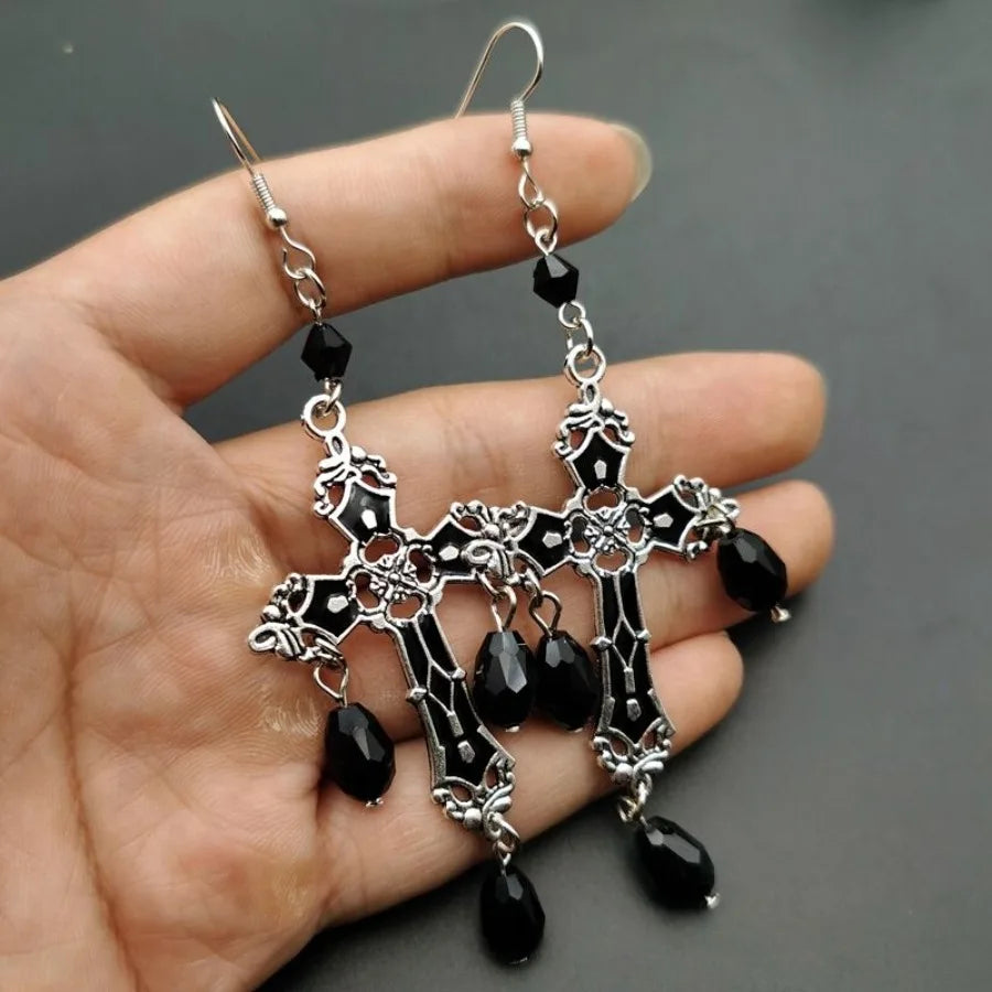Gothic Black Cross Garnet And Crystal Chandelier Earrings