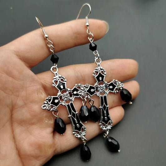 Gothic Black Cross Garnet And Crystal Chandelier Earrings