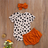 Leopard Print Short Sleeve Romper 3pcs Outfit Set