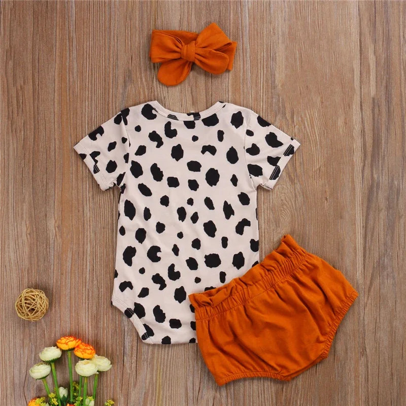 Leopard Print Short Sleeve Romper 3pcs Outfit Set