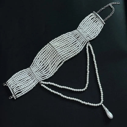 Multi Layer Simulated Pearl Tassel Pendant Necklace