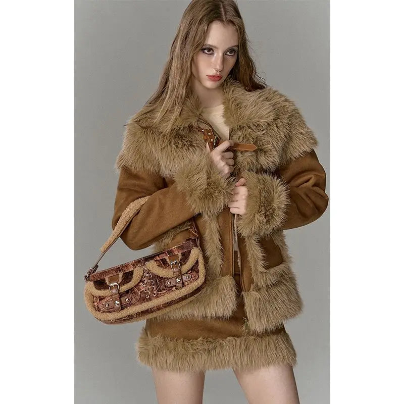 Imitation fur spliced short skirt two-piece suit