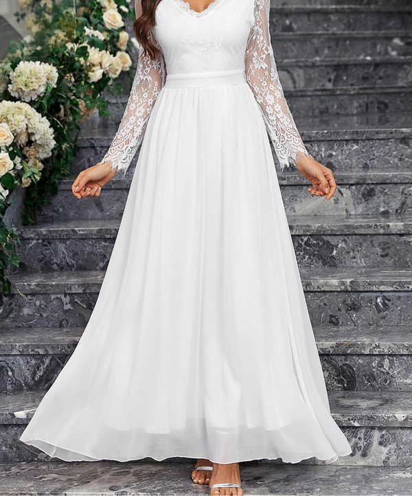 Women's Floral Lace Maxi Long Sleeve Wedding Dress