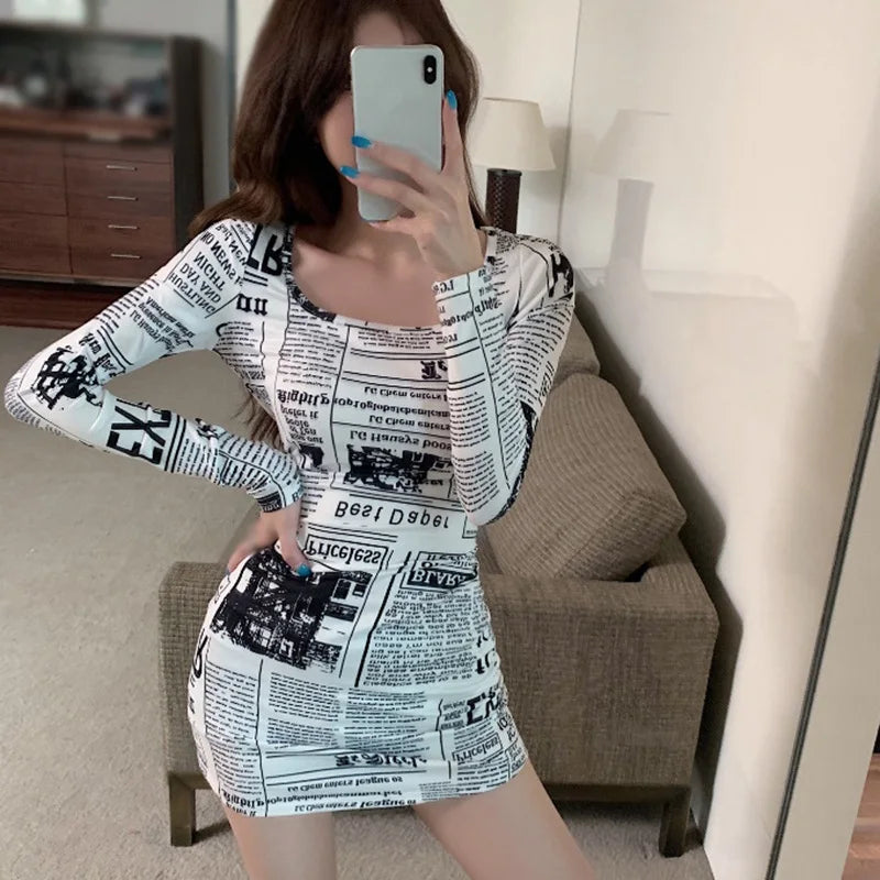 Newspaper Print Square Collar Dress