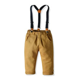 Long Sleeve Plaid Bowtie Tops+Suspender Pants Set