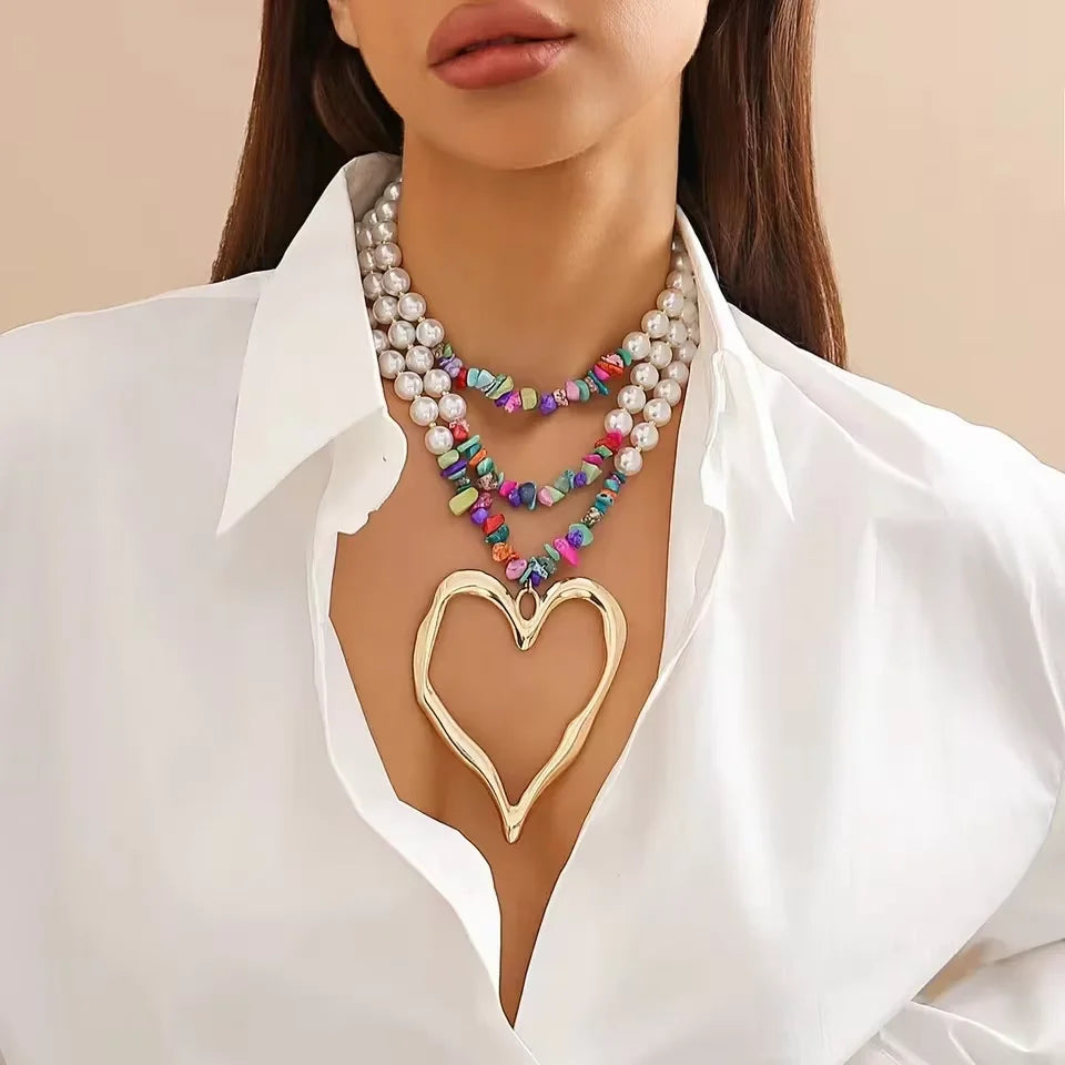 Multilayered Big Heart Pendant Choker Necklace