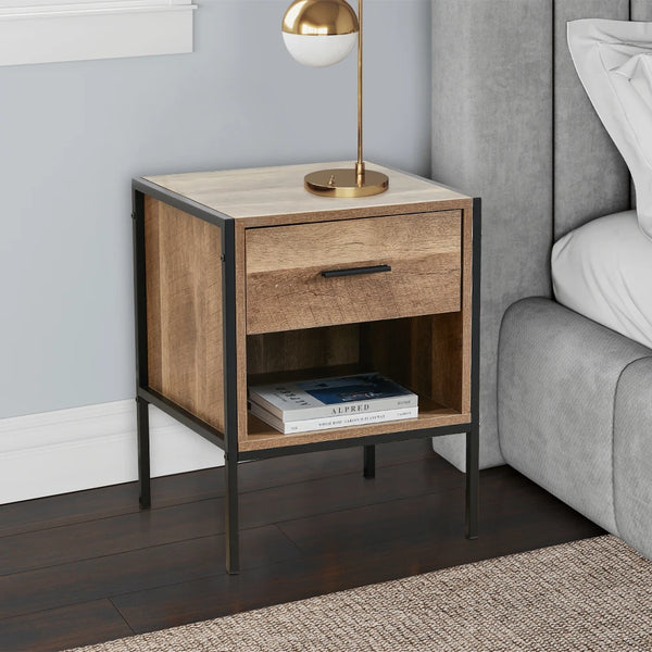 Metal Frame Wood Industrial Bedside Table