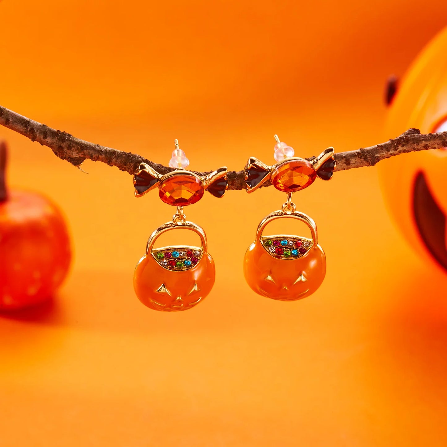 Gothic Punk Rhinestone Bow Pumpkin Earrings