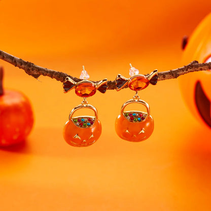 Gothic Punk Rhinestone Bow Pumpkin Earrings