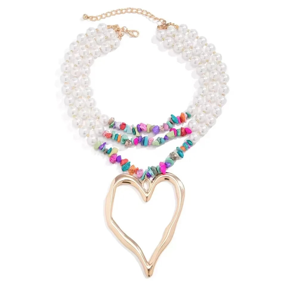 Multilayered Big Heart Pendant Choker Necklace