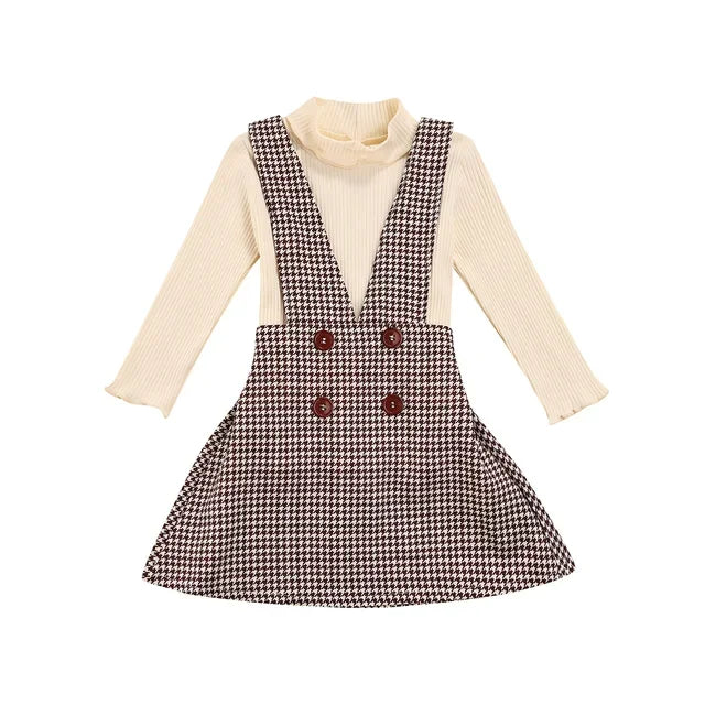 Solid turtleneck tops + plaid suspender skirt set