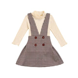 Solid Turtleneck Tops + Plaid Suspender Skirt Set