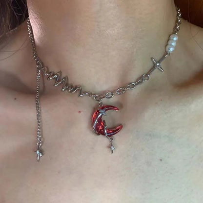 Punk Crystal Cross Moon Pendent Necklace