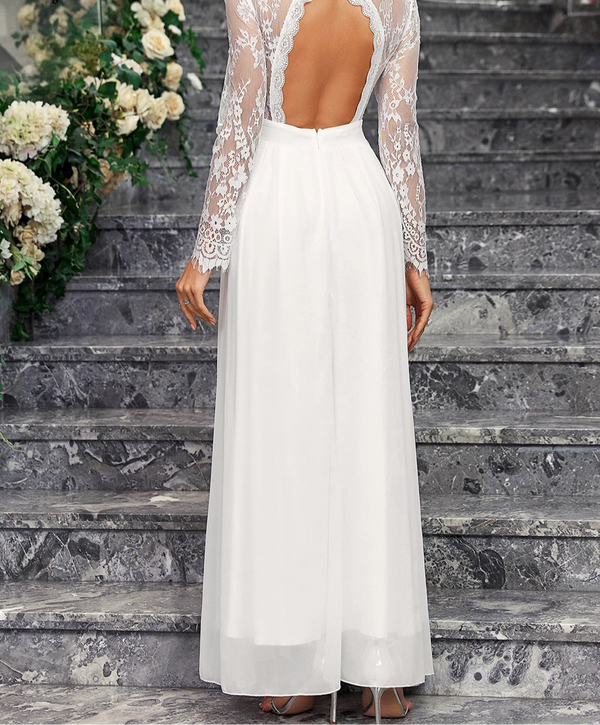 Women's Floral Lace Maxi Long Sleeve Wedding Dress