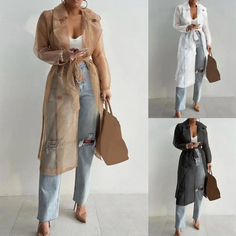 Mesh Transparent Long Sleeve Buttoned Overcoat