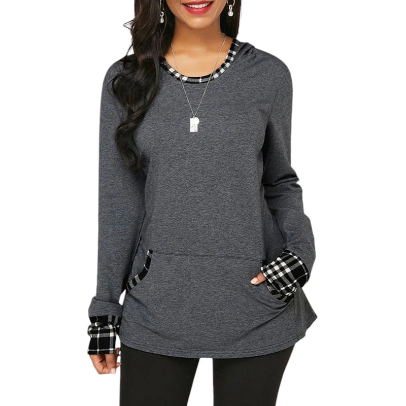 Casual Hooded Top with Patchwork Checks Back