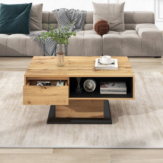 Wood grain coffee table with handle- drawer