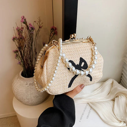 Summer straw pearl chain clutch luxury top hand bag