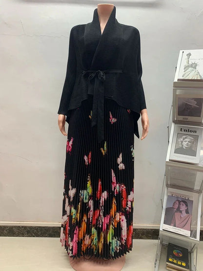 Pleated top + print long skirt sets plus size outfit