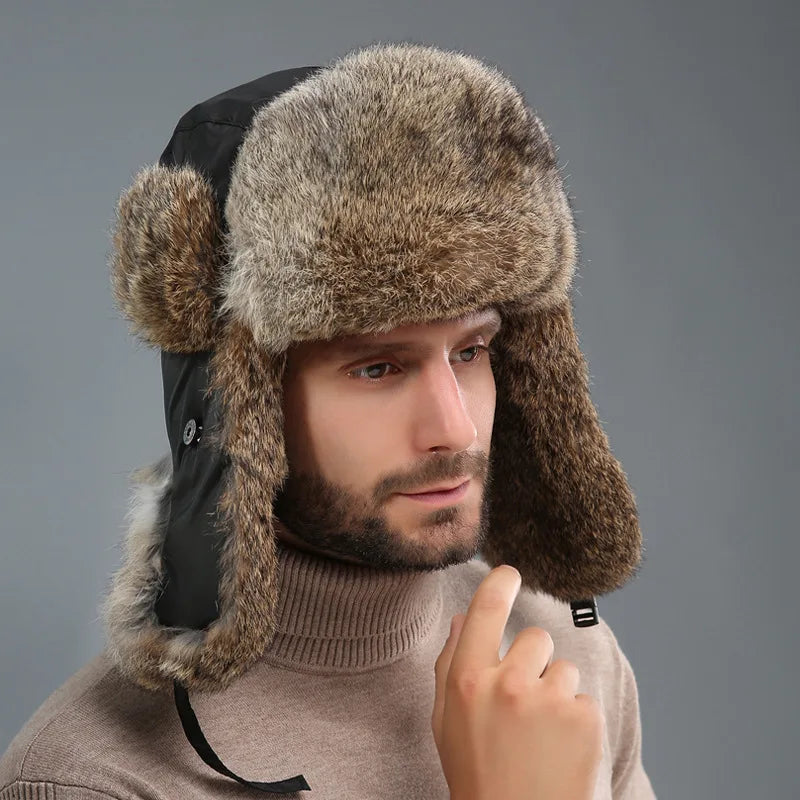Windproof super warm real rabbit fur bomber hat