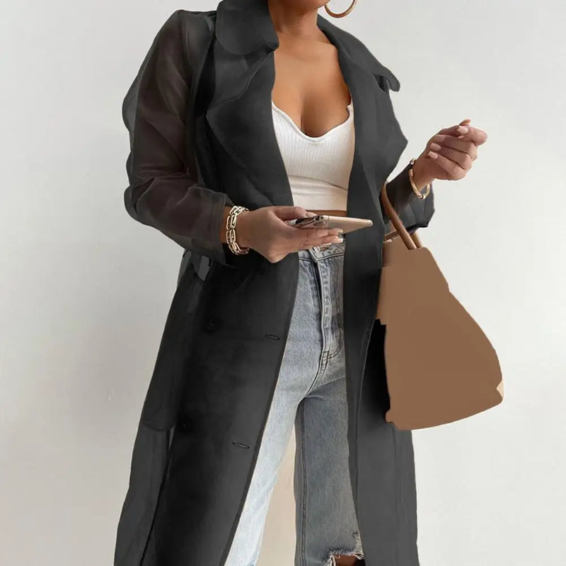 Mesh Transparent Long Sleeve Buttoned Overcoat