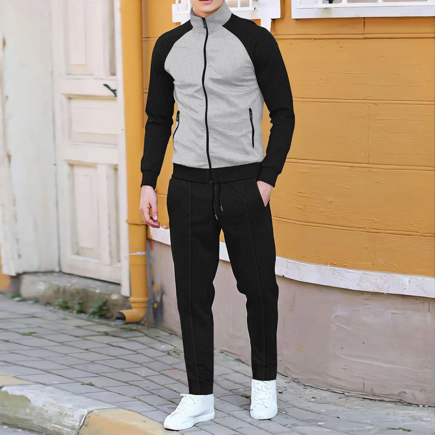 Men's plain waffle long sleeve pants suit