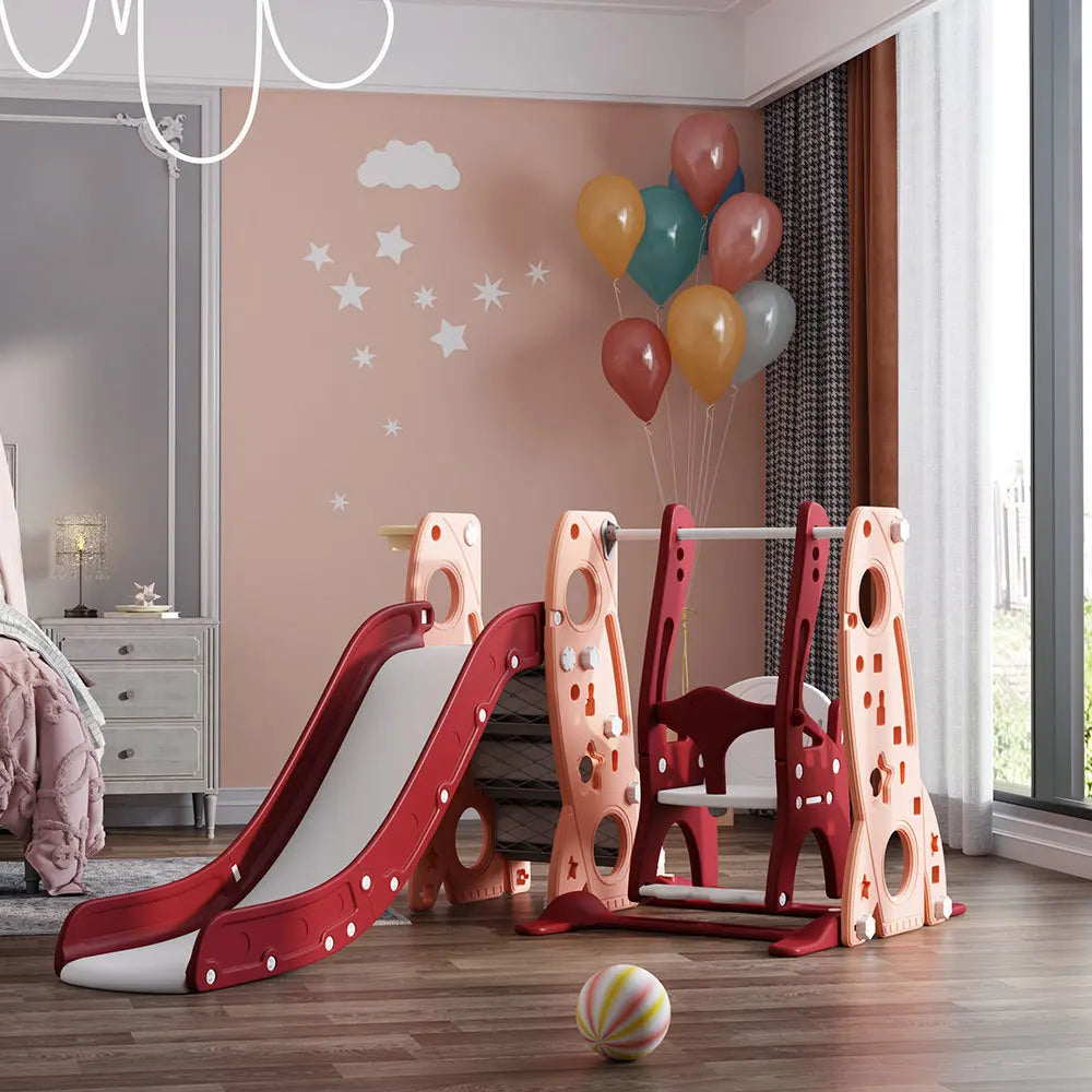 Kids swing and slide set with basketball hoop
