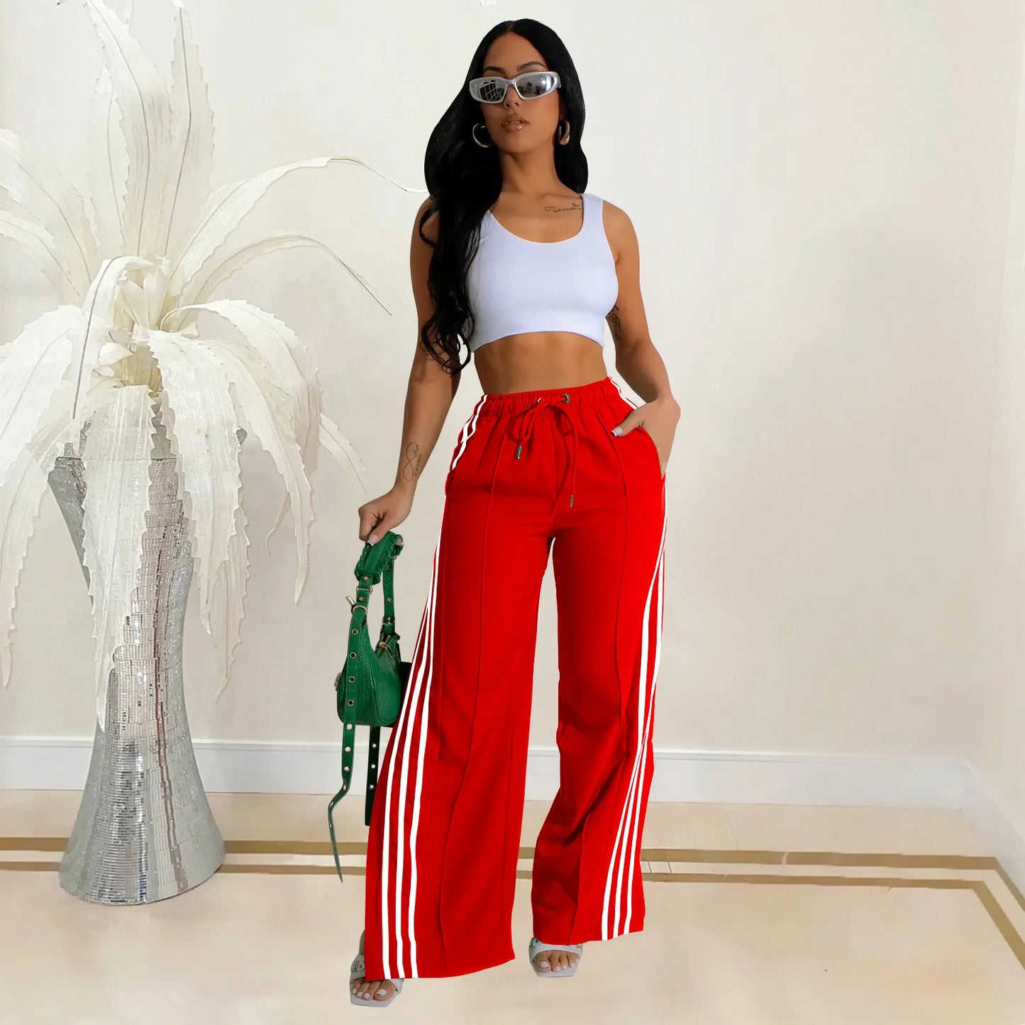 High waist stripe patchwork lace up pants