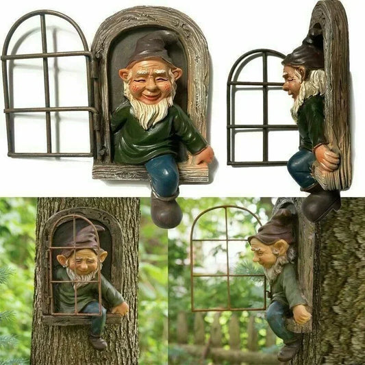 Creative garden gnome statue elf out tree hug