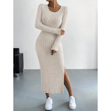 Winter Knitted Stripe Split Elastic Bodycon Dress