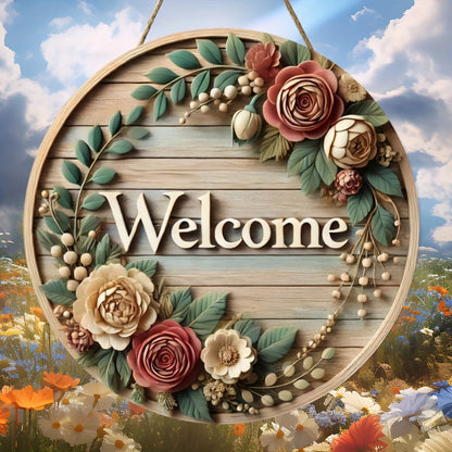 Round retro wooden wreath welcome sign for home decoration