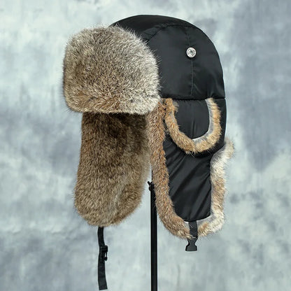 Windproof super warm real rabbit fur bomber hat