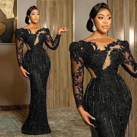 Lace appliques crystal beaded party dress
